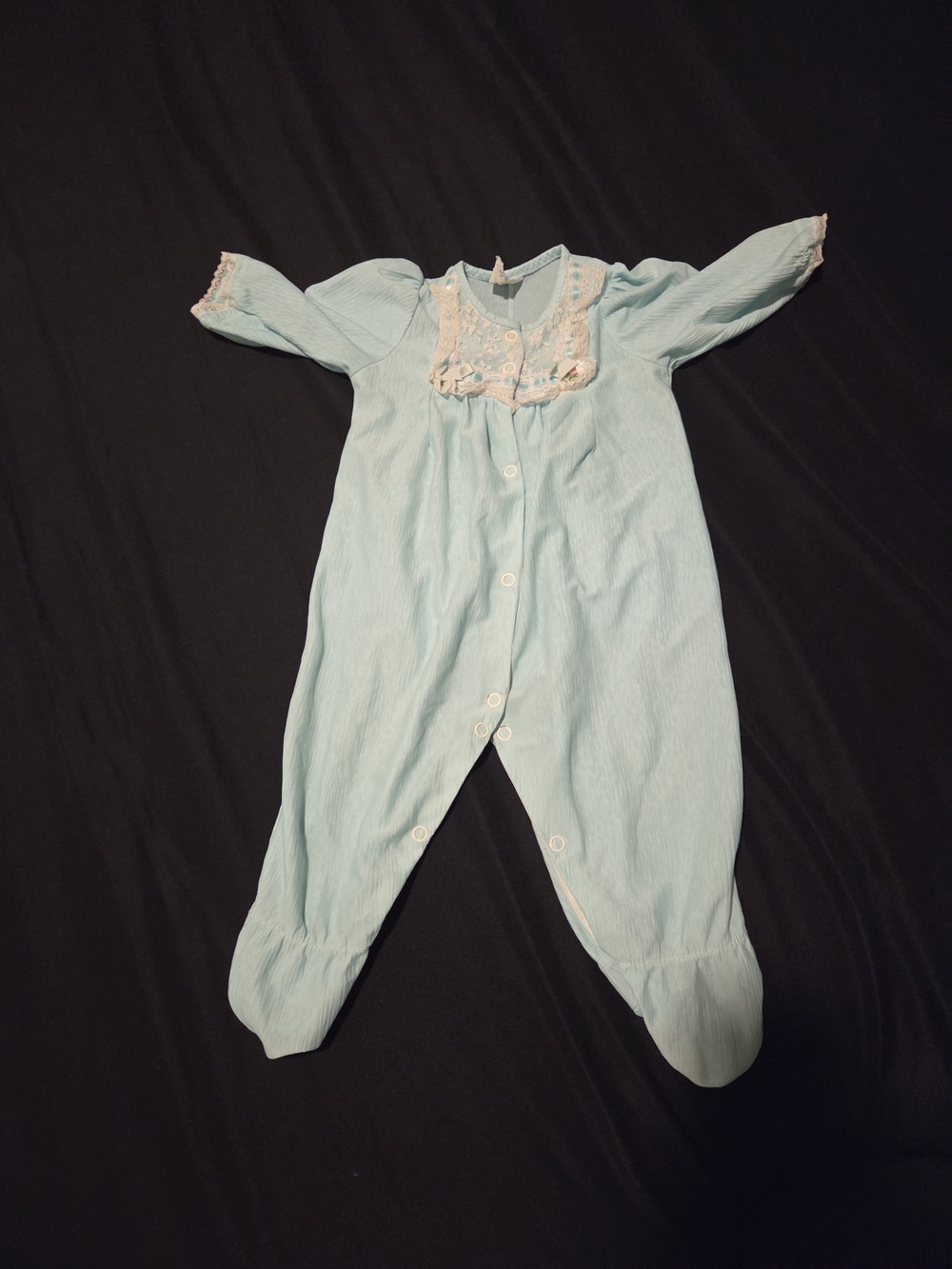 Light Blue Footed Baby Pajamas with Lace Yoke Size S